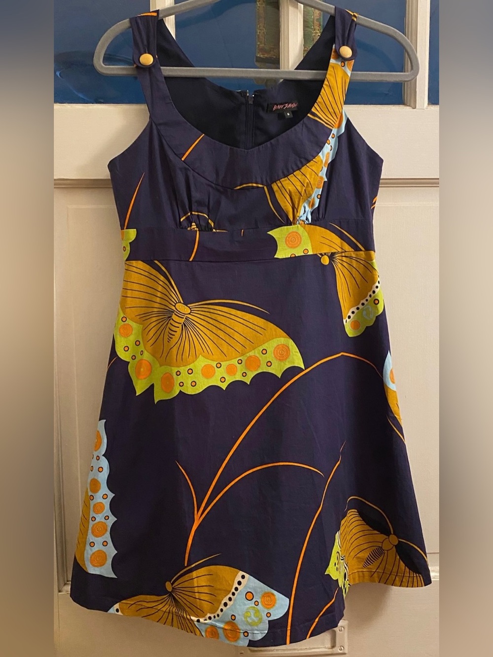 Vintage Betsey Johnson Butterfly Print Empire Waist A Line Mini Dress - Size 6
